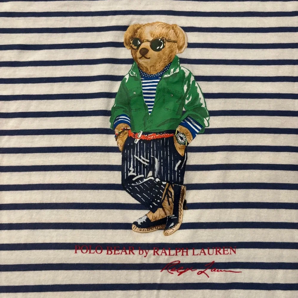Polo Ralph Lauren Mens Polo Bear Striped T-Shirt Navy White Classic Fit Large